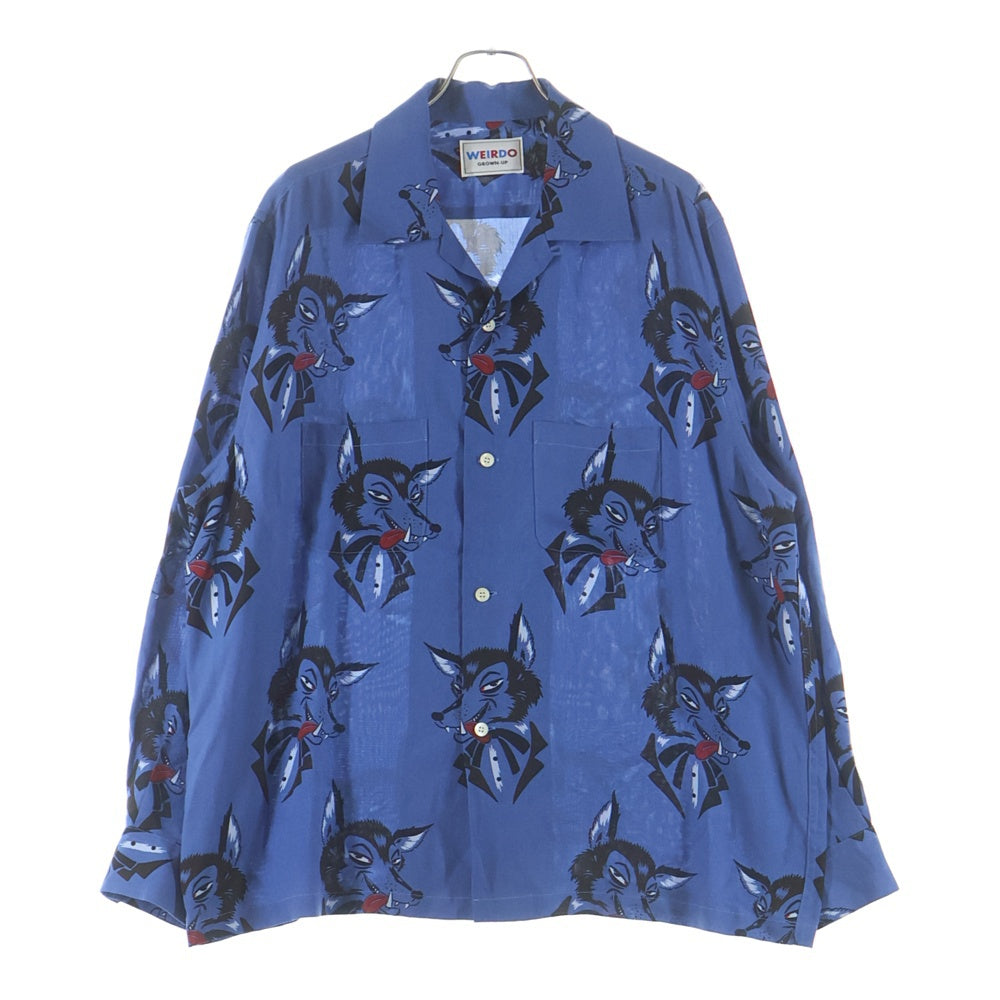 weirdo(ウィアード) VOODOO HEAD - L/S SHIRTS 総柄デザイン 長袖シャツ ブルー WRD-23-SS-07