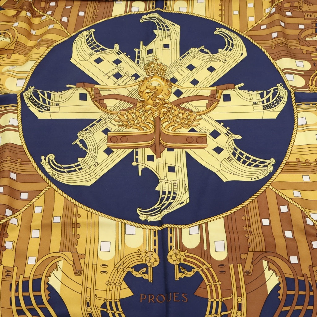 HERMES(エルメス) カレ90 Proteus Scarf プロテウススカーフ 総柄 イエロー/ネイビー レディース
