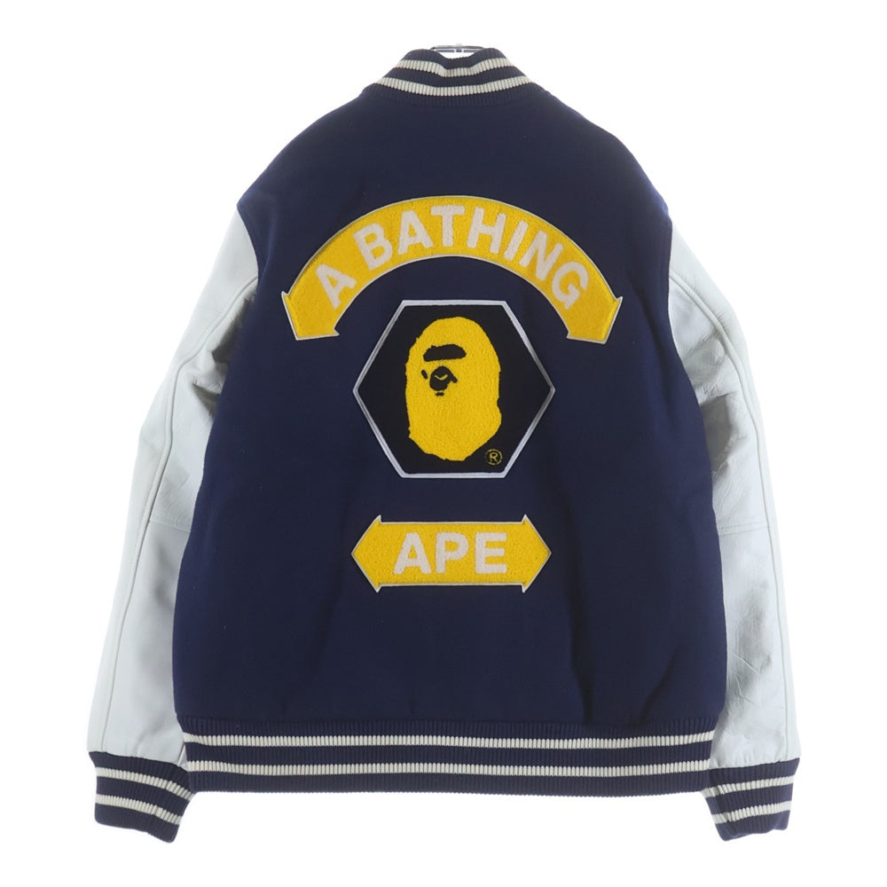 BAPE BY A BATHING APE(ベイプ ア ベイシング エイプ) 07AW ワッペン アームレザー切り替え バーシティジャケット スタジャン ブルー
