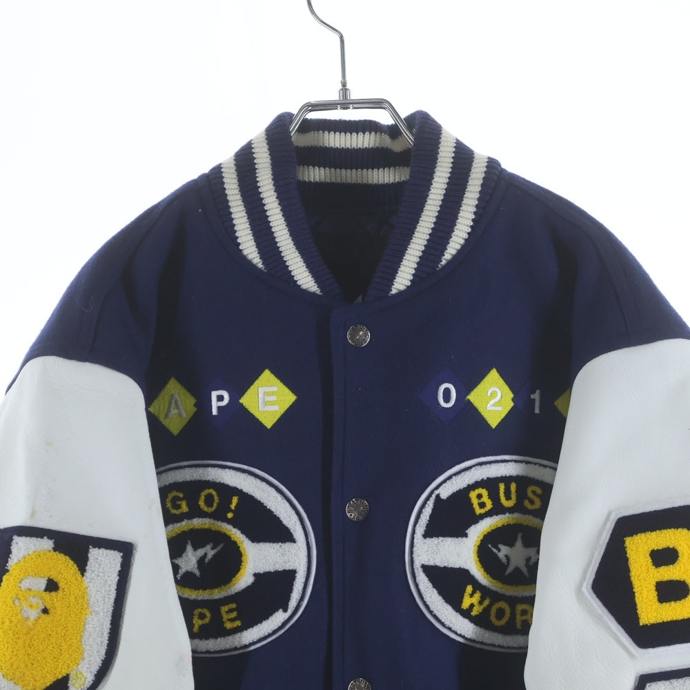 BAPE BY A BATHING APE(ベイプ ア ベイシング エイプ) 07AW ワッペン アームレザー切り替え バーシティジャケット スタジャン ブルー