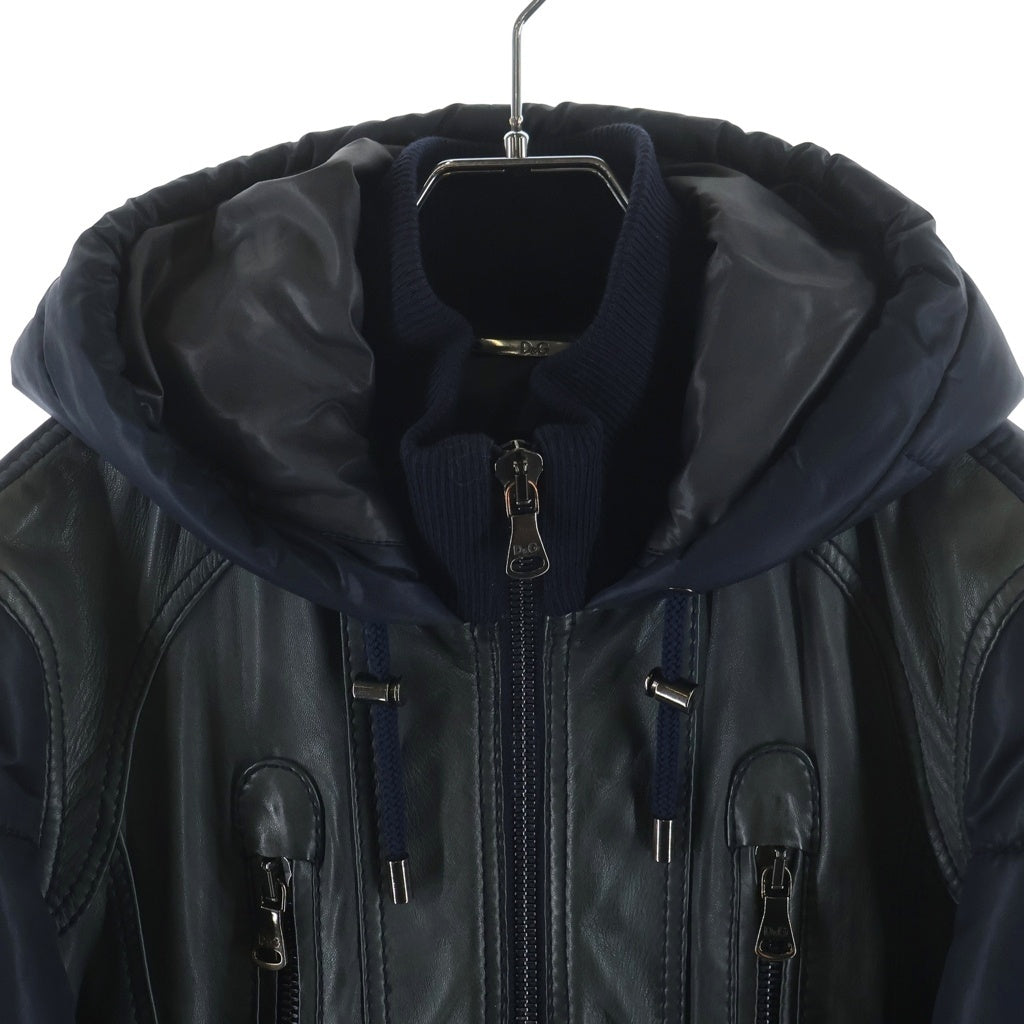 DOLCE & GABBANA(ドルチェアンドガッバーナ) Lambskin Switching Padding Hooded Jacket ラムスキ切替中綿フーデッド ジャケット レザー ネイビー RB0563/SE320