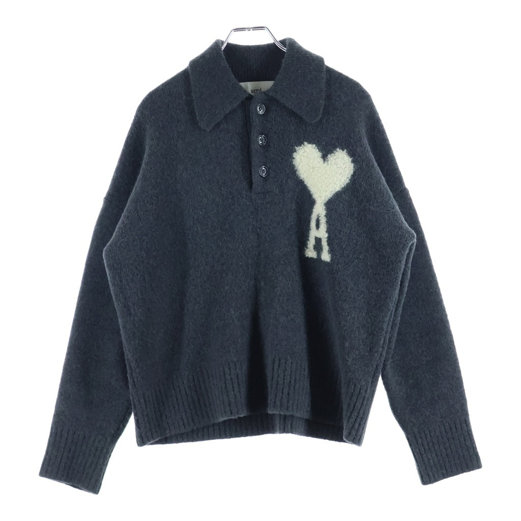 ami paris(アミパリス) ハート刺繍 ニットポロ セーター グレー UPL325