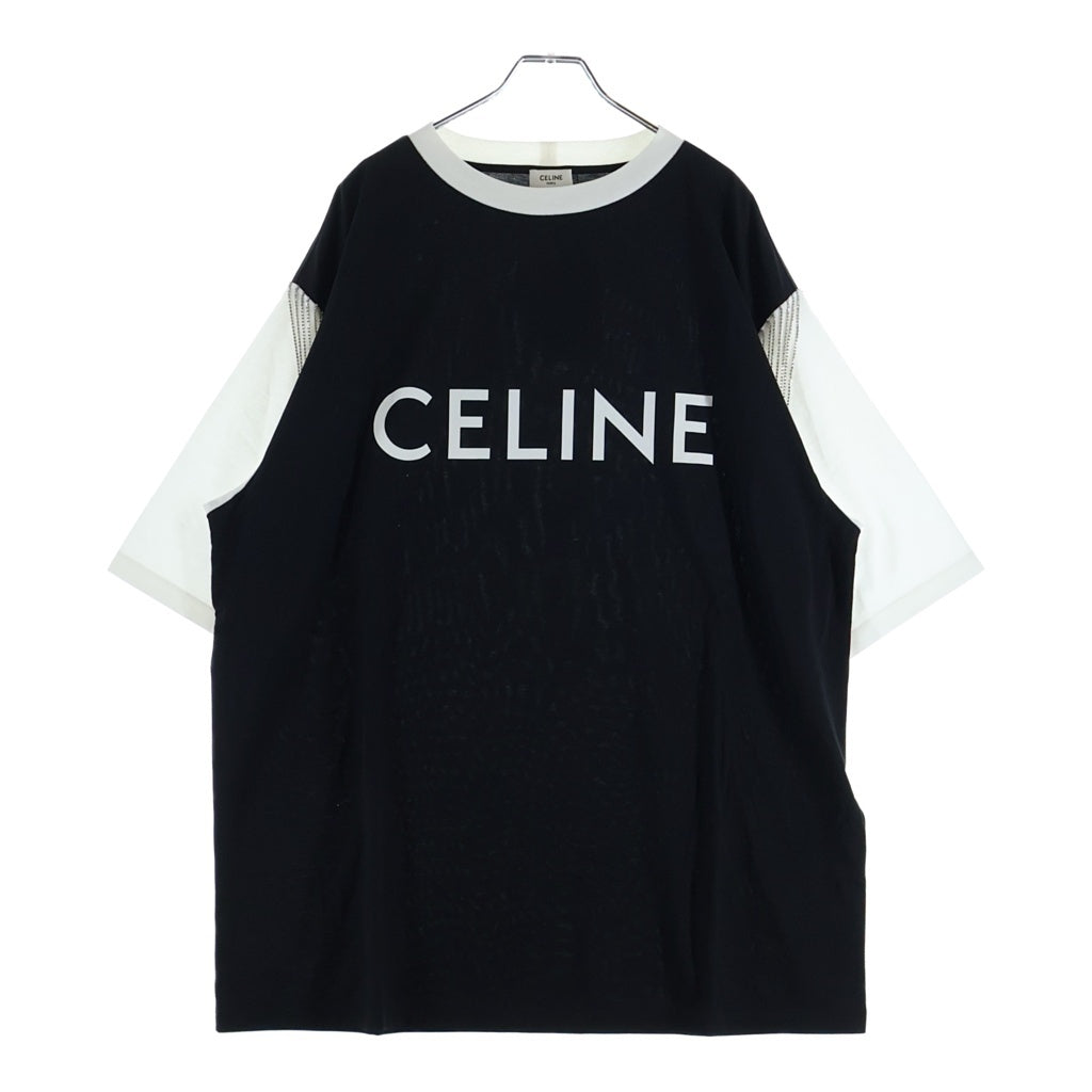 CELINE(セリーヌ) 22AW FRINGE OVERSIZED LOGO PRINT T-SHIRT フリンジ オーバーサイズ ロゴプリント クルーネック カットソー 半袖Tシャツ ブラック/ホワイト 2X29C671Q
