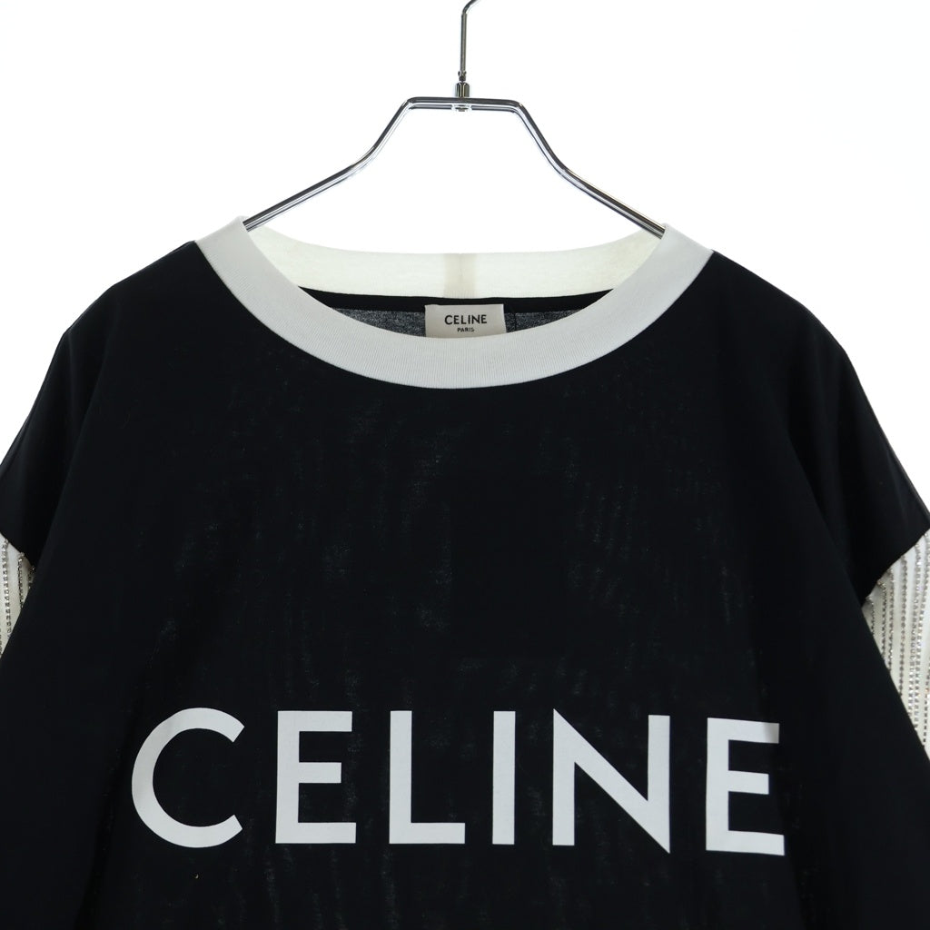 CELINE(セリーヌ) 22AW FRINGE OVERSIZED LOGO PRINT T-SHIRT フリンジ オーバーサイズ ロゴプリント クルーネック カットソー 半袖Tシャツ ブラック/ホワイト 2X29C671Q
