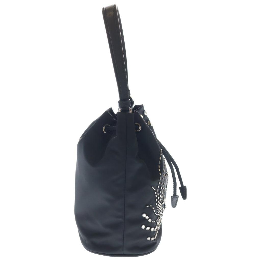 PRADA(プラダ) リナイロン トライアングルロゴ ラインストーンバケットバッグ 2WAYバッグ ショルダーバッグ ハンドバッグ ブラック ナイロン 1BE067 シルバー金具 レディース