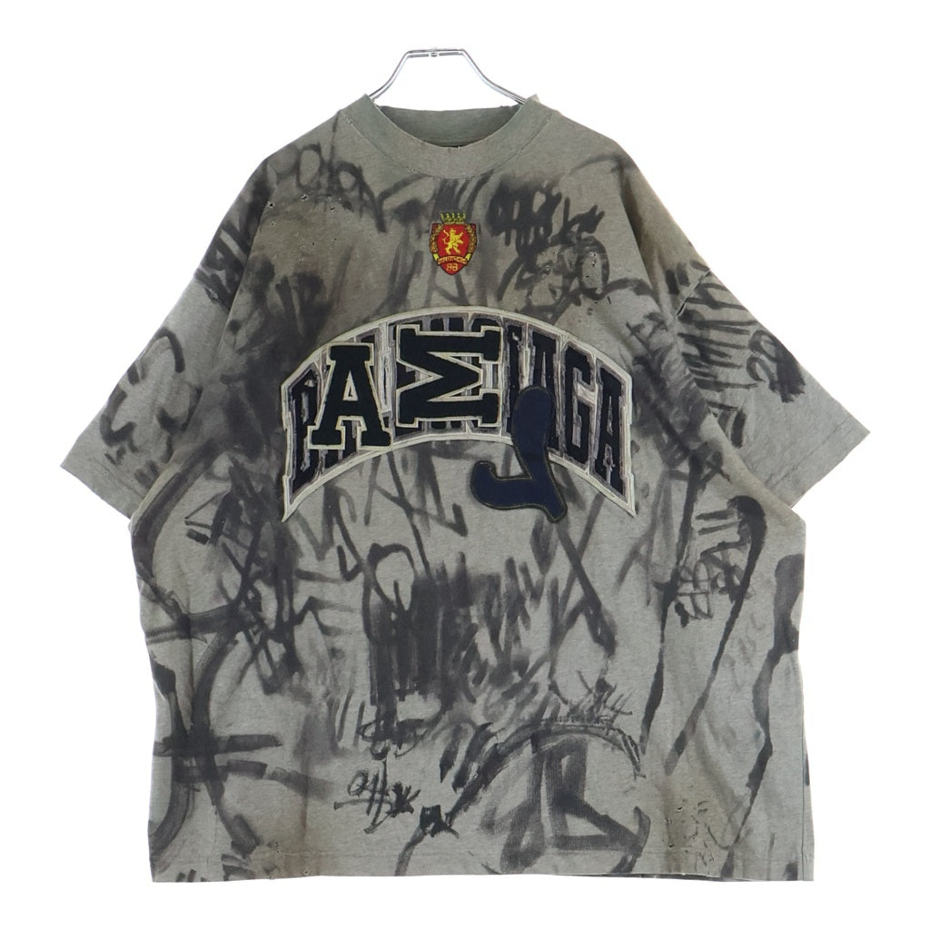 BALENCIAGA(バレンシアガ) 23SS 1300 Skater デストロイ加工 ワッペン 半袖Tシャツ カットソー グレー 739028 TOVA7