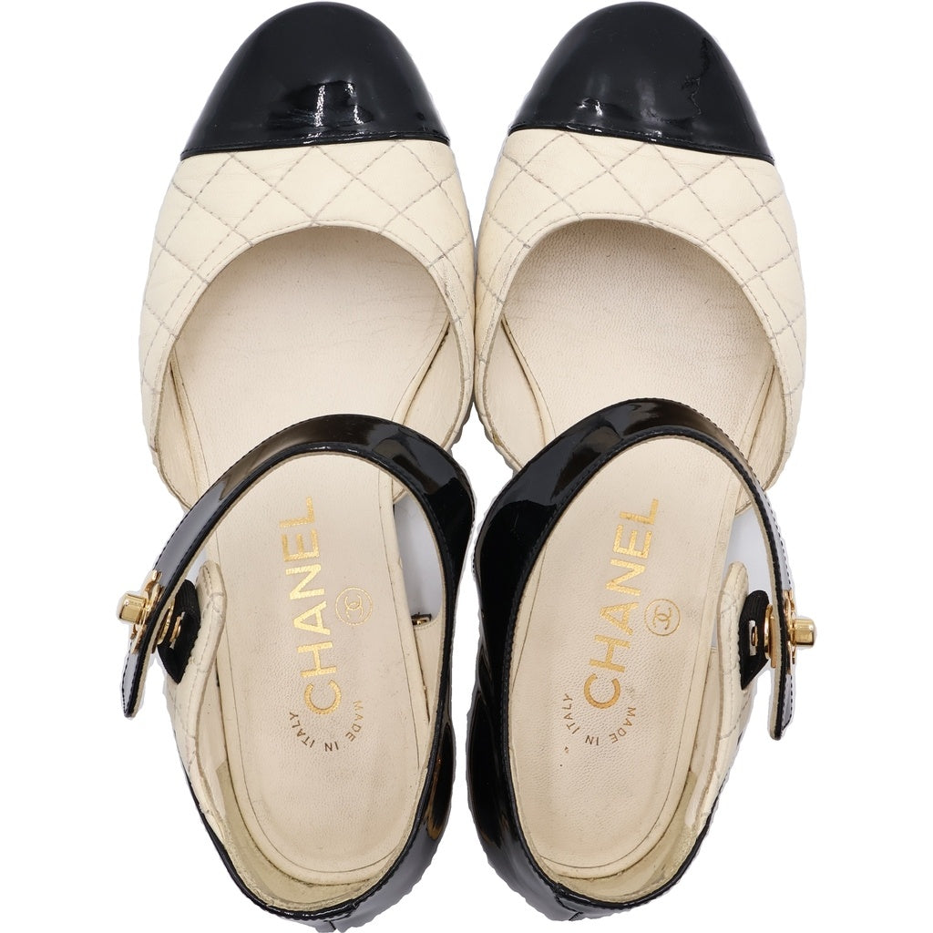 CHANEL(シャネル) バレリーナ パテント マトラッセ ターンロック フラット パンプス ブラック/ホワイト G38441 レディース