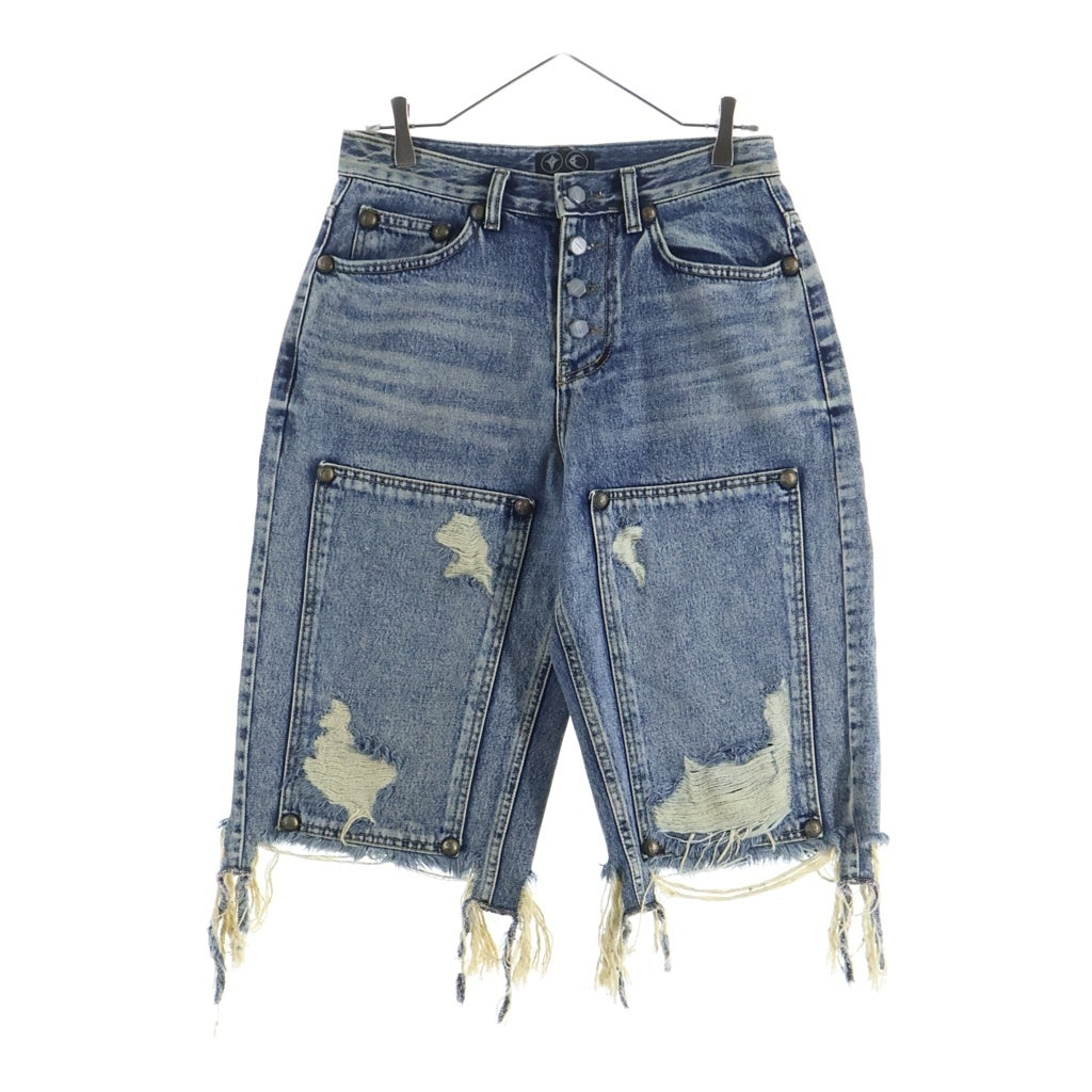THUG CLUB(サグクラブ) DOUBLE KNEE DAMAGE SHORTS ダブルニー ダメージ加工 デニム ハーフパンツ インディゴ TC24PT0301