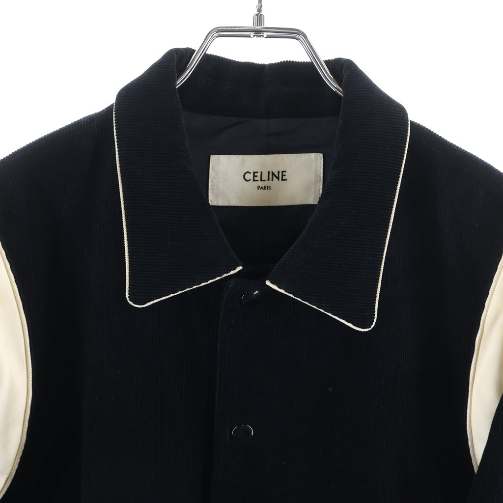CELINE(セリーヌ) 19AW Teddy Jacket in Corduroy サテン切替 コーデュロイ テディジャケット ブルゾン スタジアムジャケット スタジャン ブラック 2V191824D