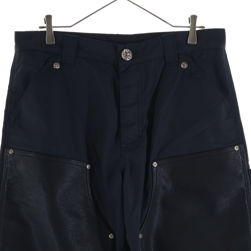 CHROME HEARTS(クロムハーツ) CARPENTER DOUBLE KNEE クロスパッチ付きレザー切替ナイロンカーペンターロングパンツ ブラック