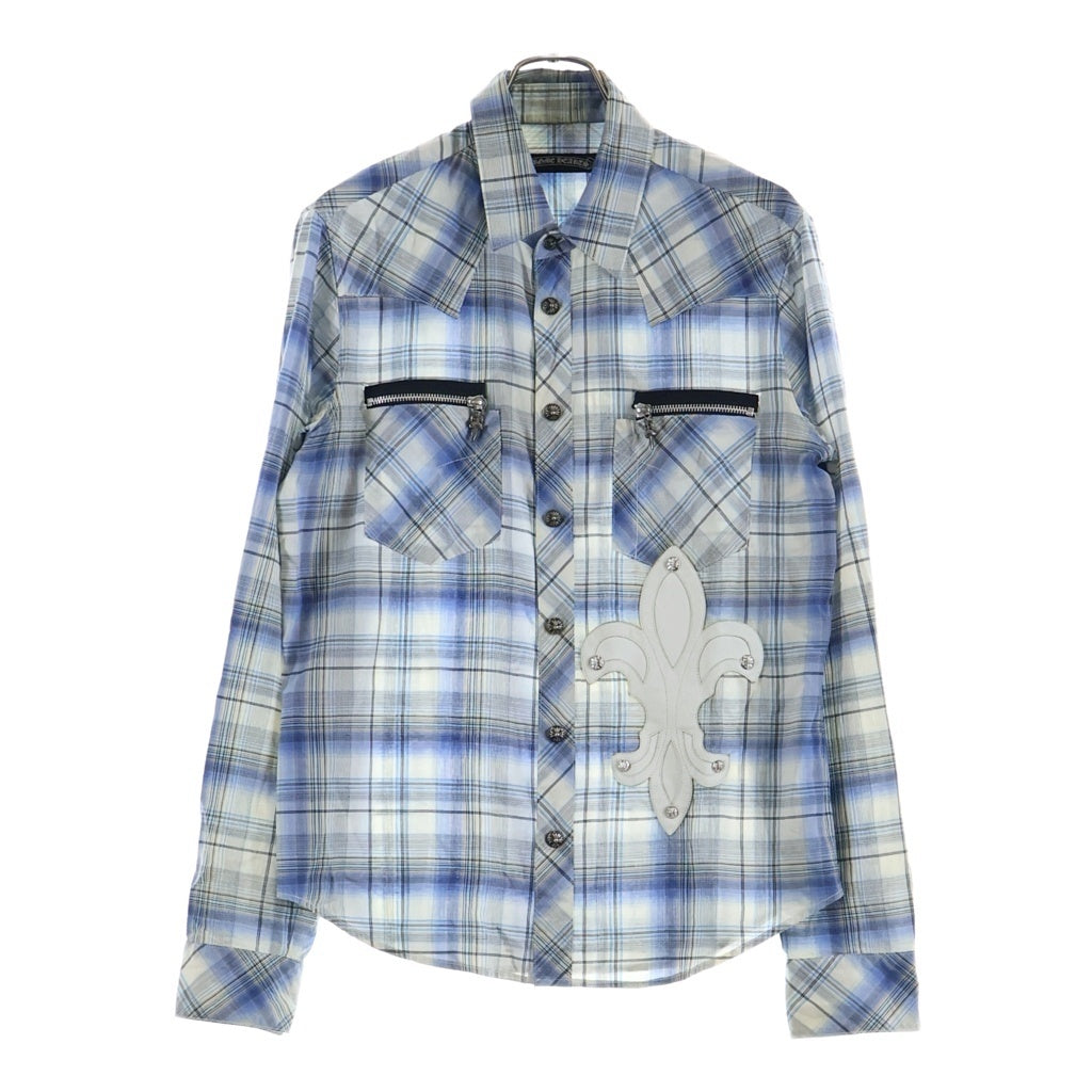 CHROME HEARTS(クロムハーツ) チェック総柄 BSフレア レザーパッチ ダガージップ クロスボール スナップボタン 長袖シャツ ブルー/ホワイト
