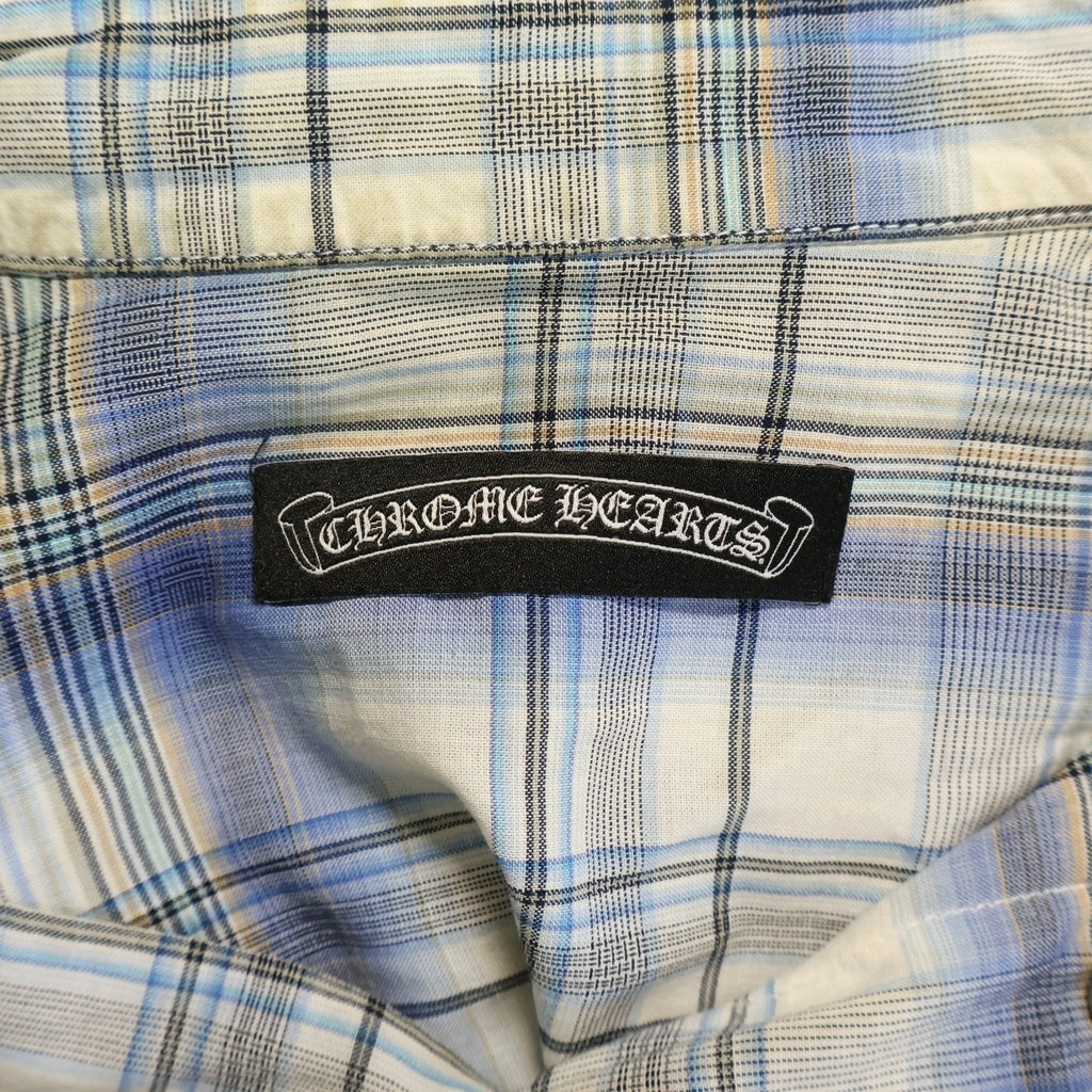 CHROME HEARTS(クロムハーツ) チェック総柄 BSフレア レザーパッチ ダガージップ クロスボール スナップボタン 長袖シャツ ブルー/ホワイト