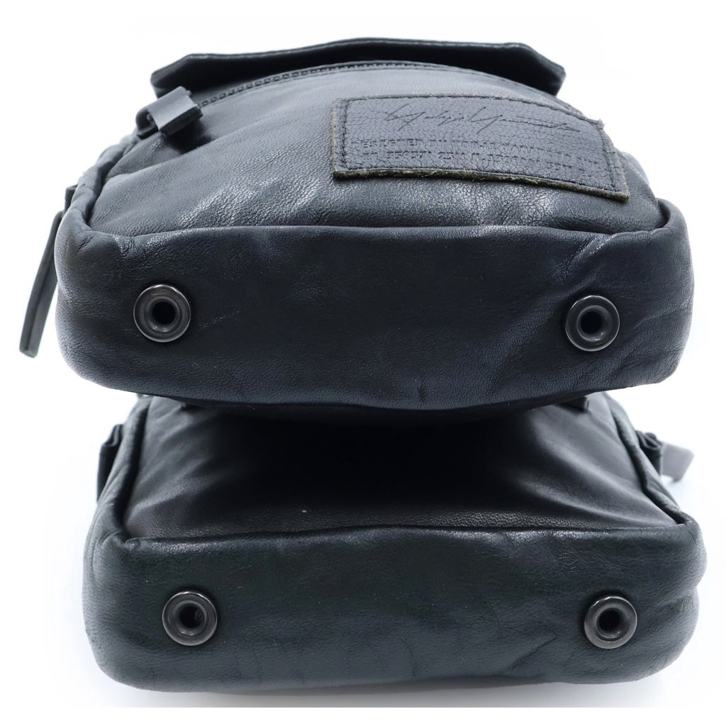 Yohji Yamamoto POUR HOMME(ヨウジヤマモト プールオム) ロゴデザイン レザー ダブル ショルダーバッグ ブラック