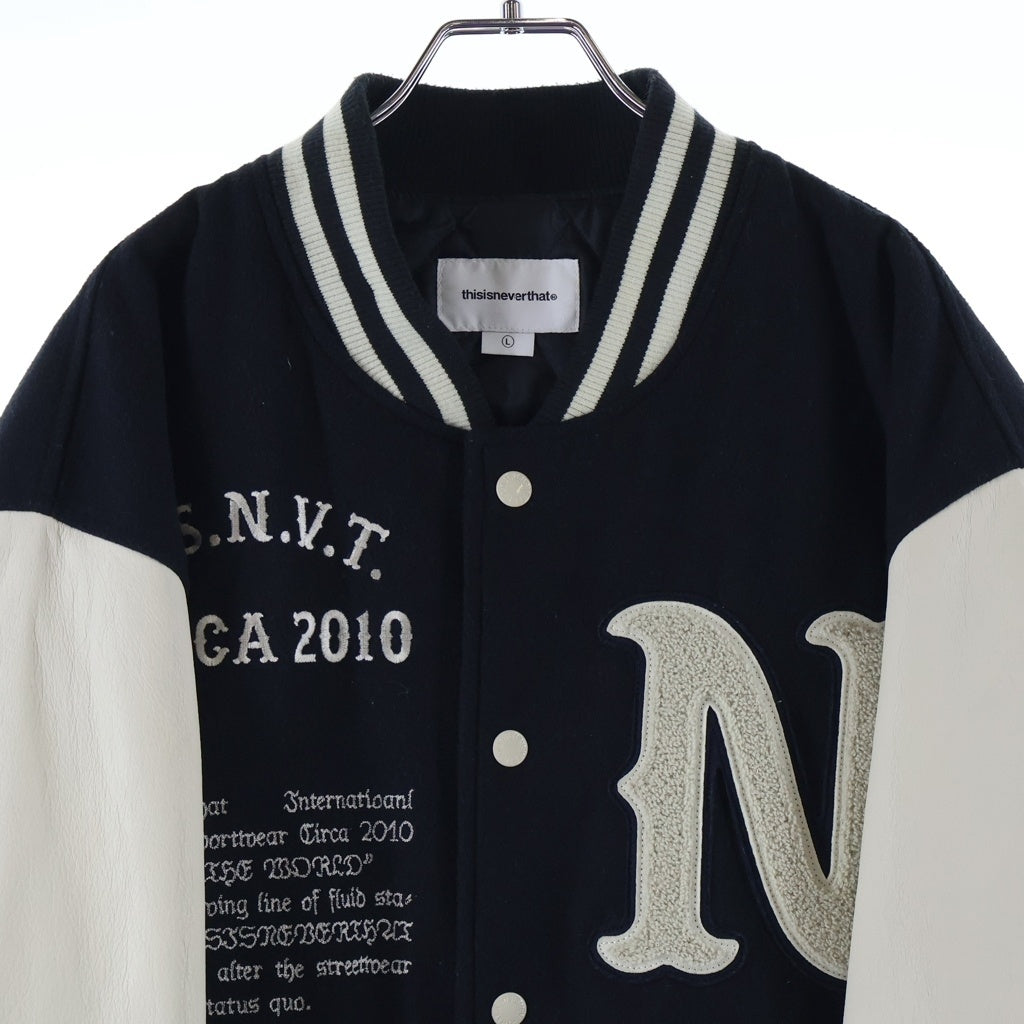 THISISNEVERTHAT(ディスイズネバーザット) STUDIUM JACKET カレッジデザイン レザー切り替え スタジアム ジャンパー ブラック