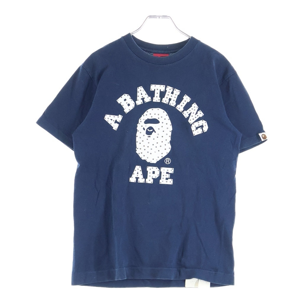 A BATHING APE(アベイシングエイプ) ラインストーン フロントプリント 半袖Tシャツ カットソー ネイビー