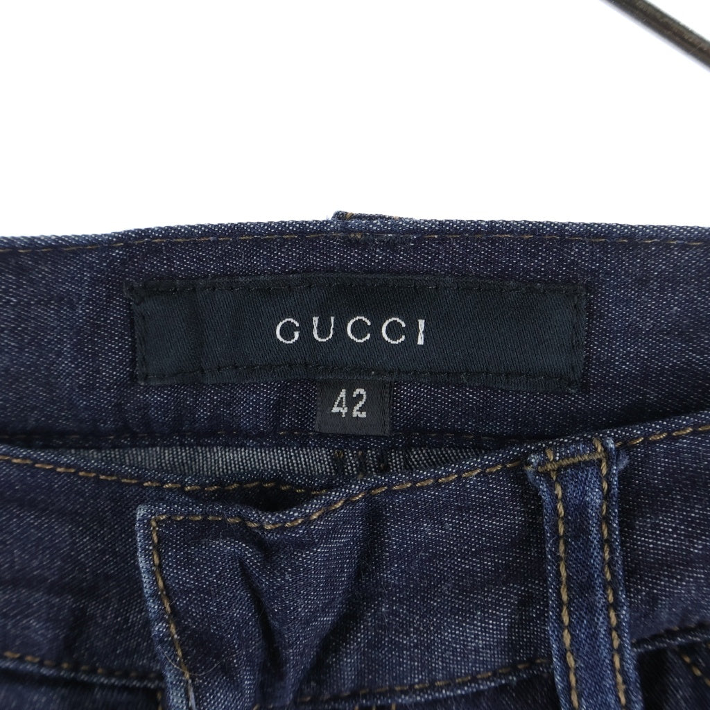 GUCCI(グッチ) サイドレザー デニムフレアパンツ インディゴ 201-0819-1907 レディース