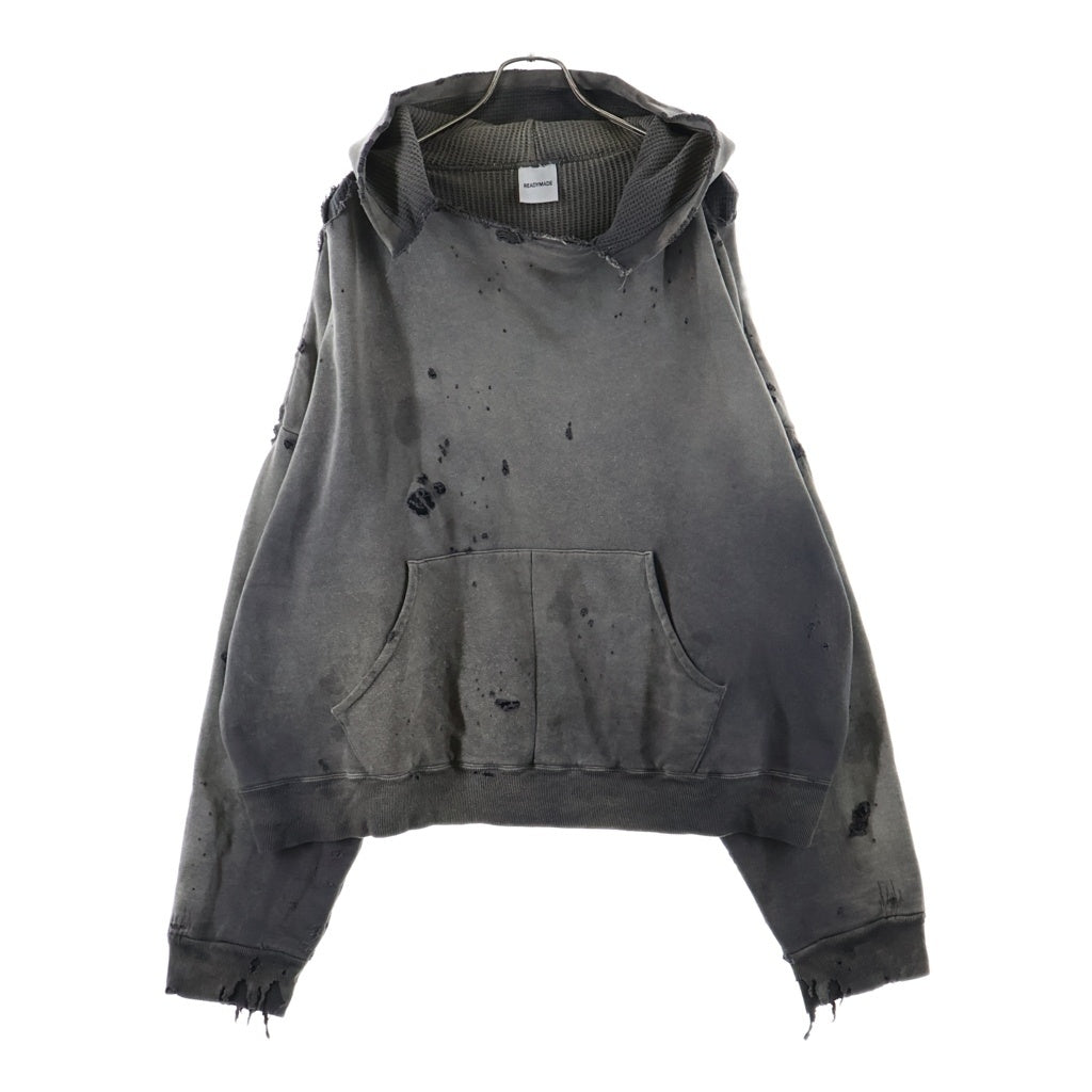 READY MADE(レディメイド) DOUBLE FACE HOODIE ダブル フェイス ダメージ加工 フーデッド スウェット パーカー グレー RE-CO-BK-00-00-284