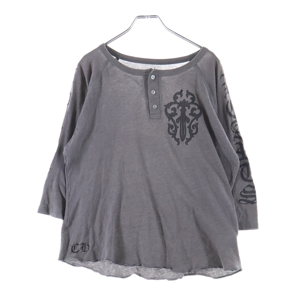 CHROME HEARTS(クロムハーツ) OLD CH CEMETARY CROSS L/S TEE セメタリークロス 両面プリント コットン ヘンリーネック 七分袖Tシャツ カットソー グレー