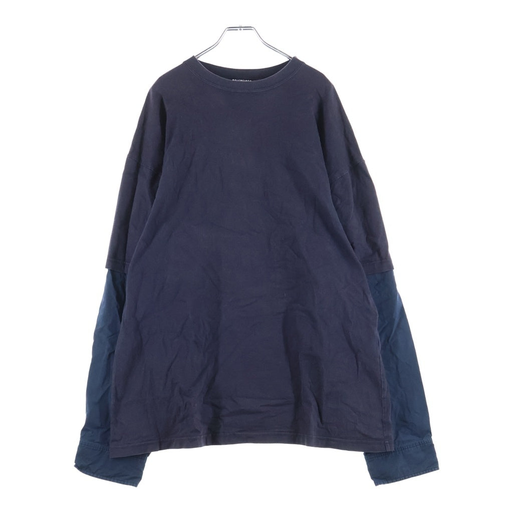 BALENCIAGA(バレンシアガ) PATCHED SLEEVE パッチド スリーブ ロゴデザイン クルーネック カットソー 長袖Tシャツ ネイビー 671401 TLVF3