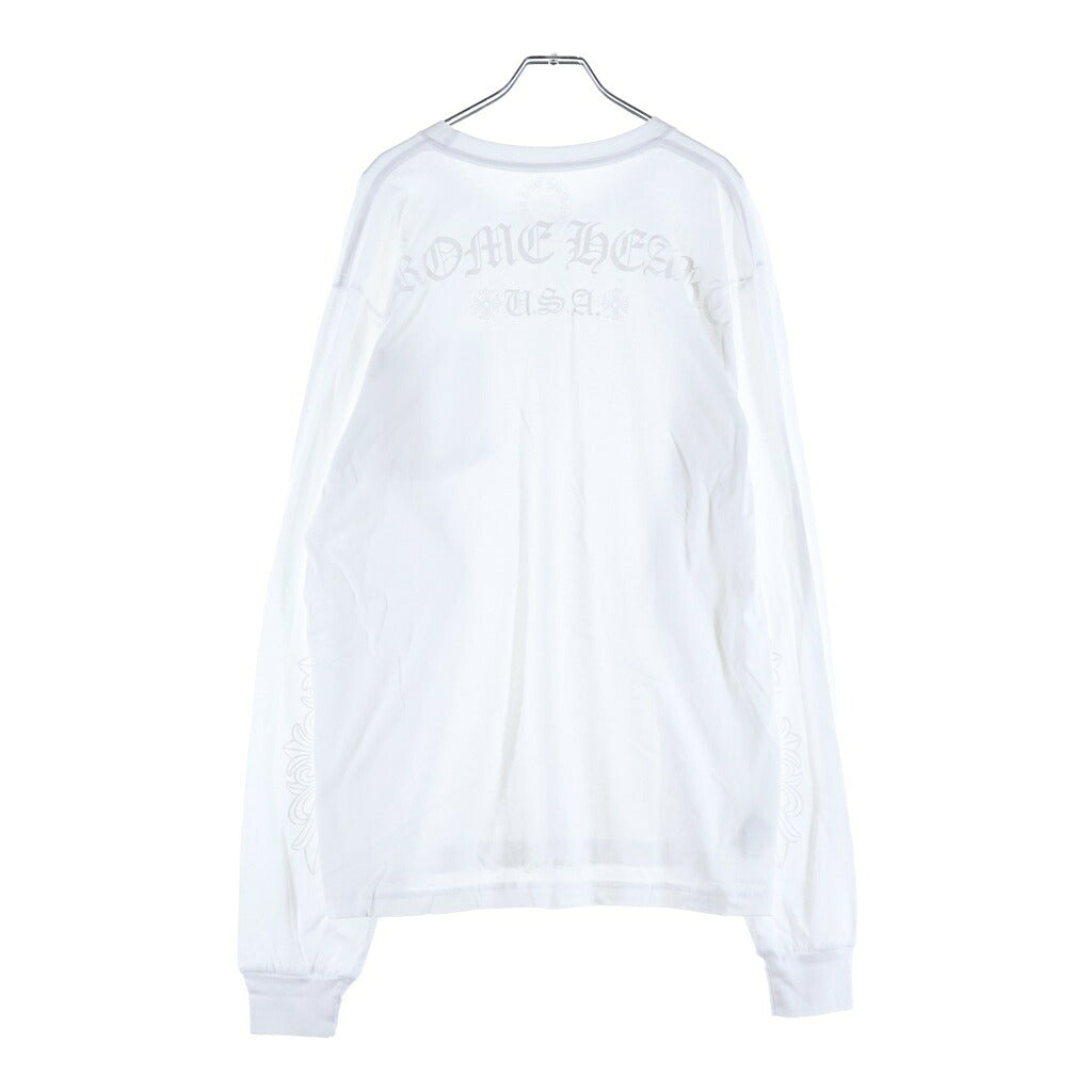 CHROME HEARTS(クロムハーツ) BACK ARCH LOGO SCROLL LABEL L/S TEE オンライン限定 袖フローラル アーチロゴ 長袖Tシャツ ロンT カットソー ホワイト