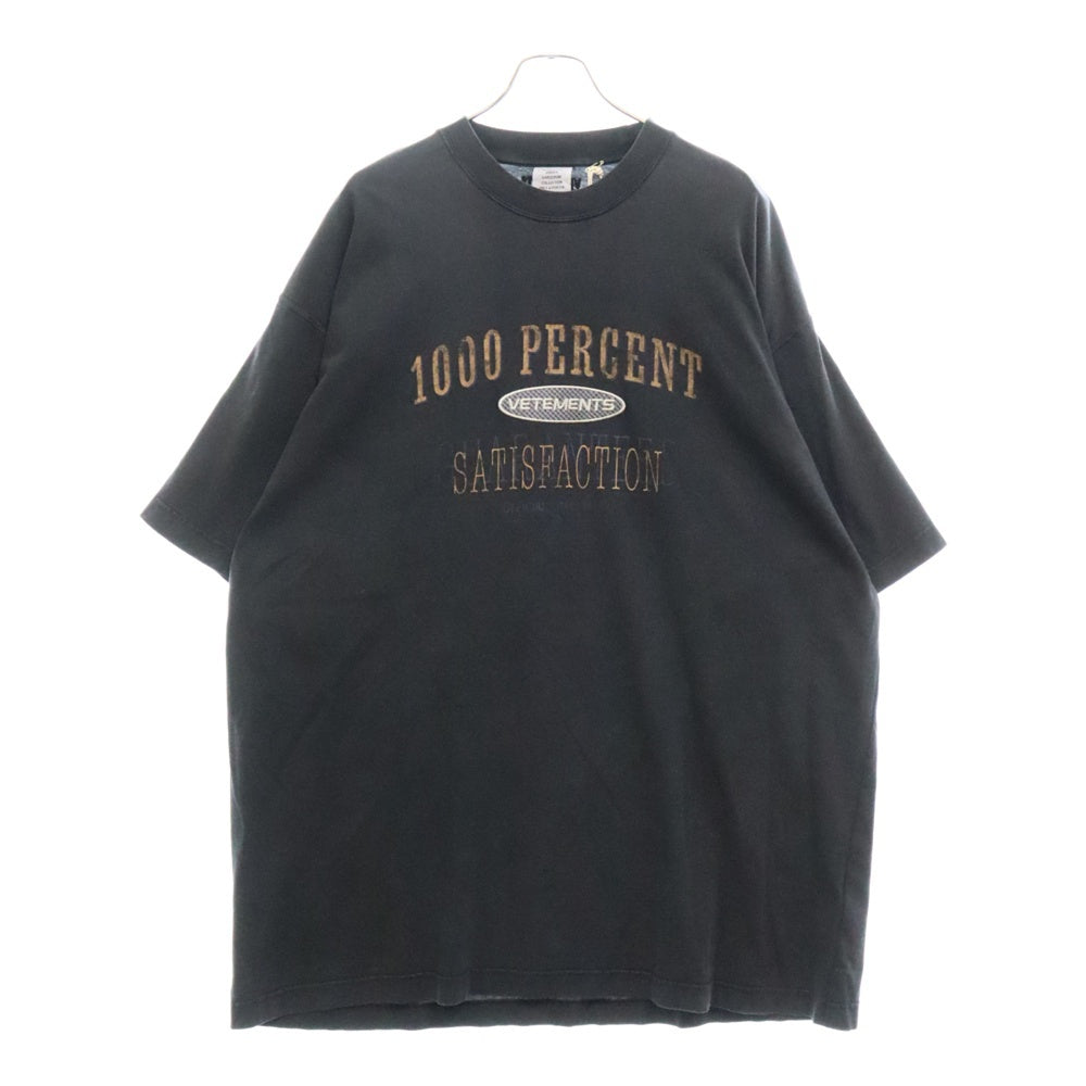 VETEMENTS(ヴェトモン) 24SS 1000 PERCENT T-SHIRT フロントプリントウォッシュド加工 オーバーサイズ半袖Tシャツ ブラック UE64TR170B