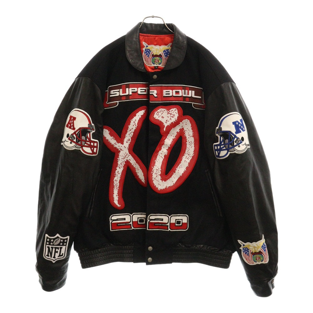 JEFFHAMILTON(ジェフハミルトン) 21SS ×THE Weeknd XO Super BOWL LV Jacket スーパーボウル スタジアムジャケット アームレザーブルゾン ブラック/レッド
