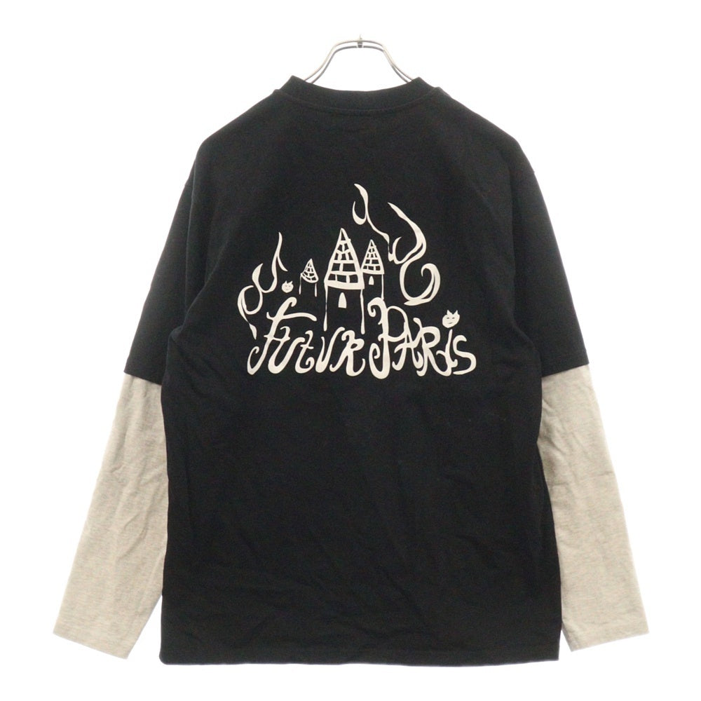 FUTUR(フューチャー) バックプリント レイヤード長袖Tシャツ カットソー ブラック