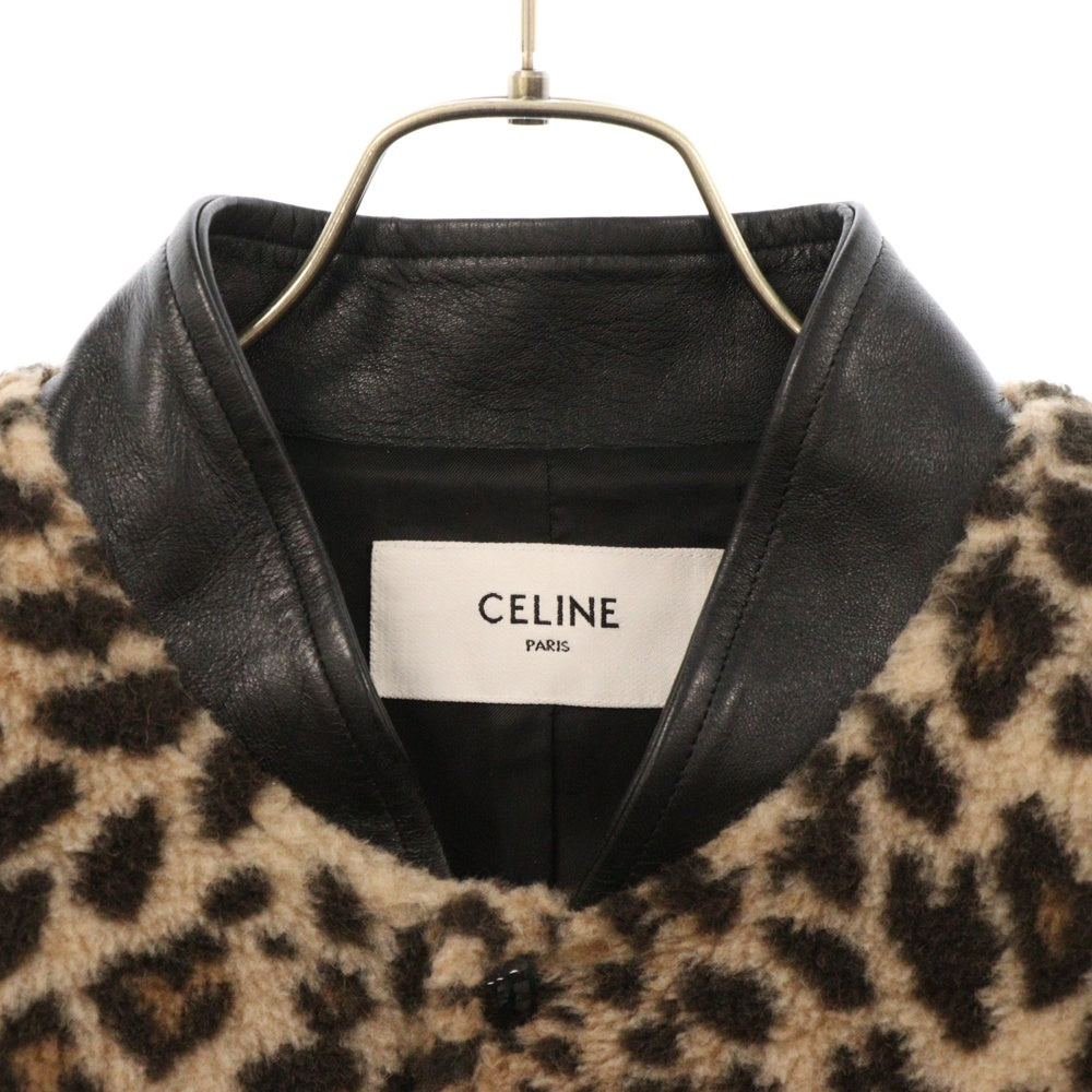 CELINE(セリーヌ) TEDDY JACKET エンブロイダリーパッチ テディジャケット レオパードプリント フリース 袖レザー ラインストーン ベージュ/ブラック 2V22L823R