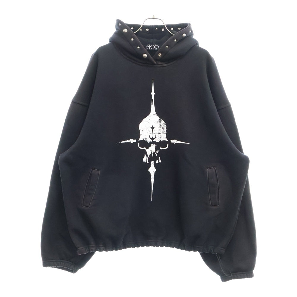 THUG CLUB(サグクラブ) PEACE STUD HOODIE プリント フードスタッズ プルオーバーパーカー ブラック ダメージ加工 TC24SS1201