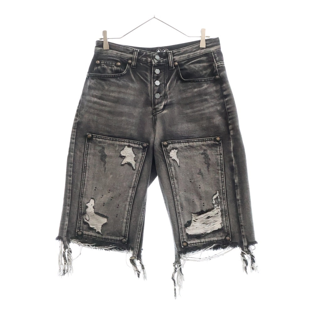 THUG CLUB(サグクラブ) DOUBLE KNEE DAMAGE SHORTS ダメージ加工ダブルニーデニムショーツ ブラック ショートパンツ TC24PT0302