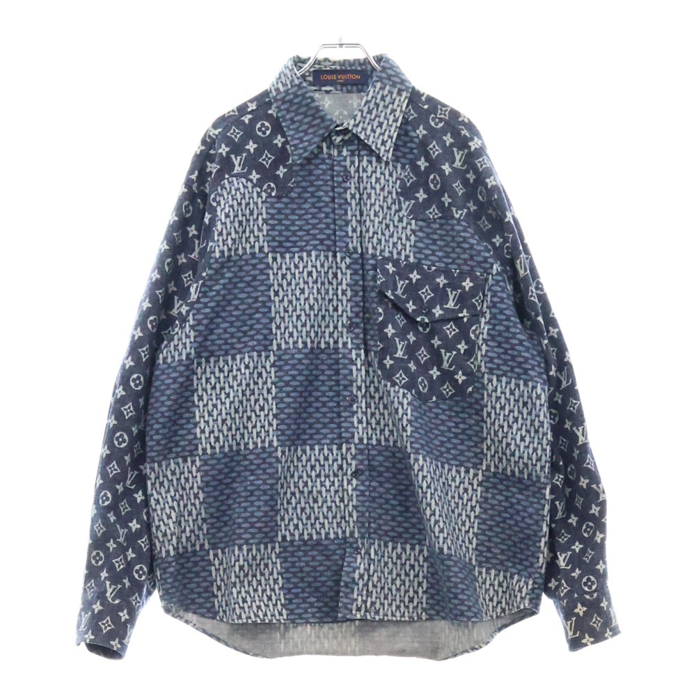 LOUIS VUITTON(ルイヴィトン) 20AW ×NIGO ニゴー モノグラム ジャイアントダミエ ウェーブ フランネル 長袖シャツ ブルー RM202M VJI HJS02W