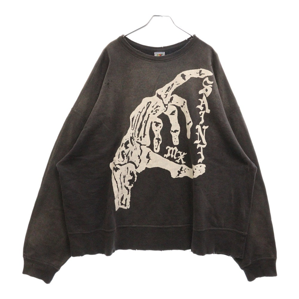 SAINT MICHAEL(セントマイケル) 24AW BONE SAINT CREW SWT ボーンプリント ダメージ加工 クルーネック スウェットトレーナー ブラック SM-YS1-0000-031