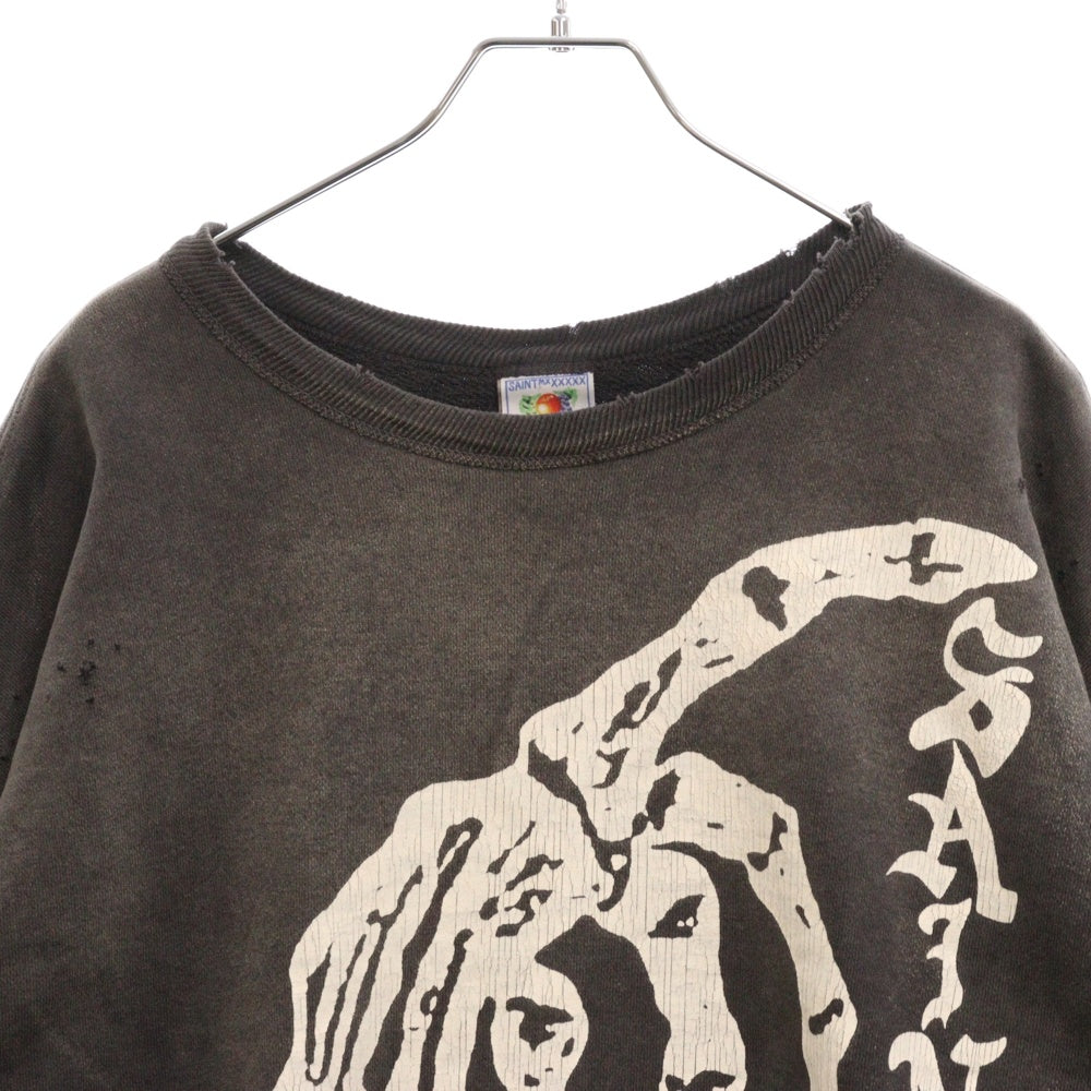 SAINT MICHAEL(セントマイケル) 24AW BONE SAINT CREW SWT ボーンプリント ダメージ加工 クルーネック スウェットトレーナー ブラック SM-YS1-0000-031