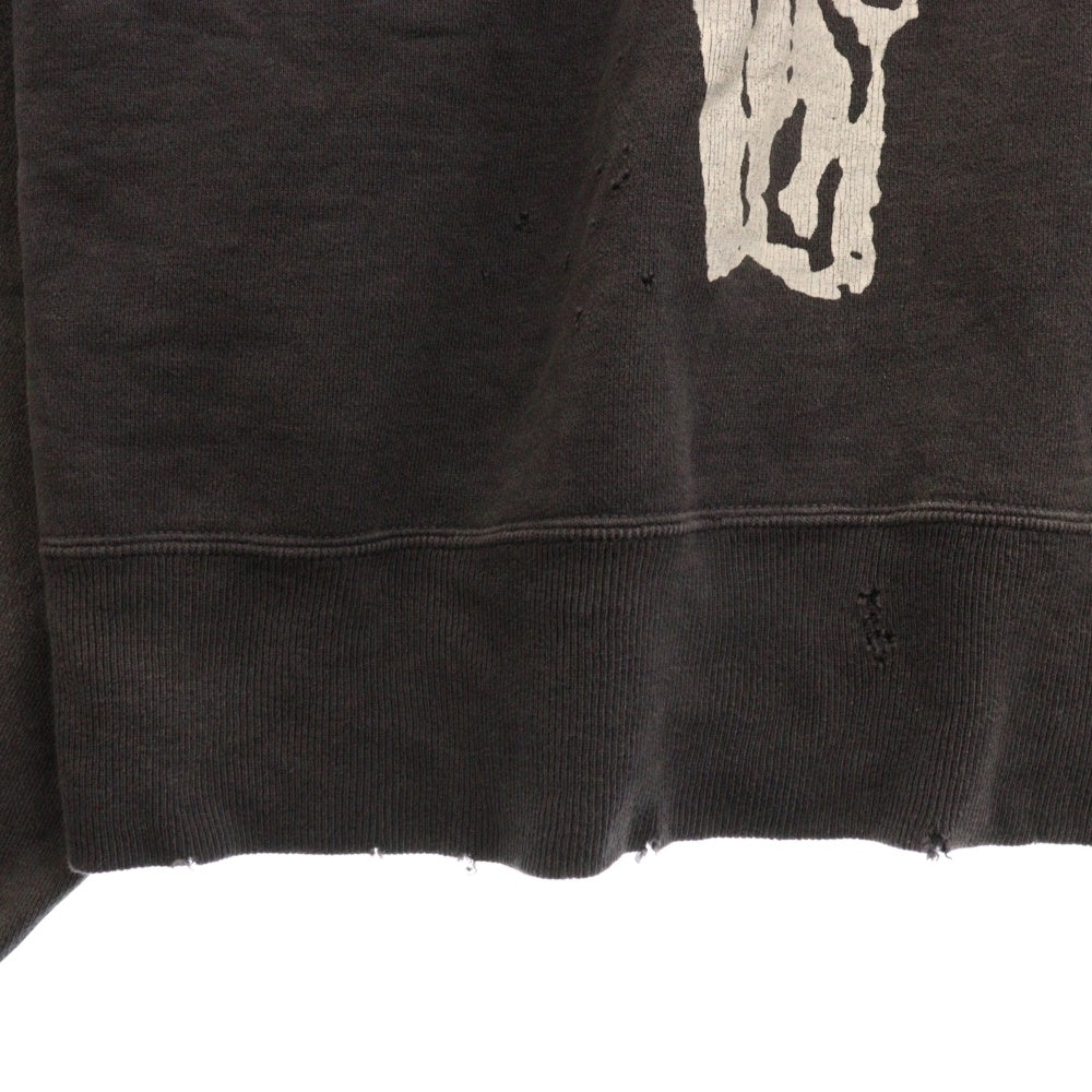 SAINT MICHAEL(セントマイケル) 24AW BONE SAINT CREW SWT ボーンプリント ダメージ加工 クルーネック スウェットトレーナー ブラック SM-YS1-0000-031