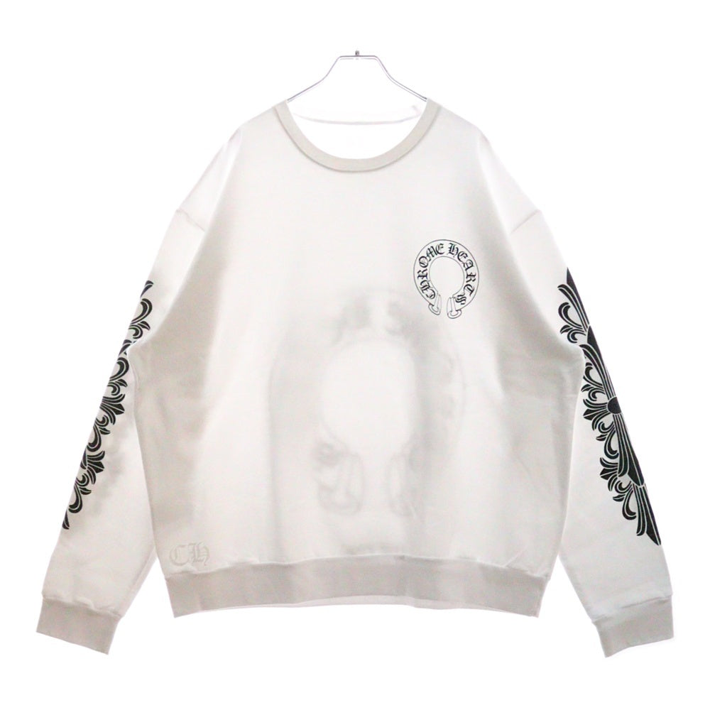 CHROME HEARTS(クロムハーツ) Horseshoe Crewneck Sweatshirt ホースシュープリント 袖フローラル クルーネックスウェットトレーナー ホワイト