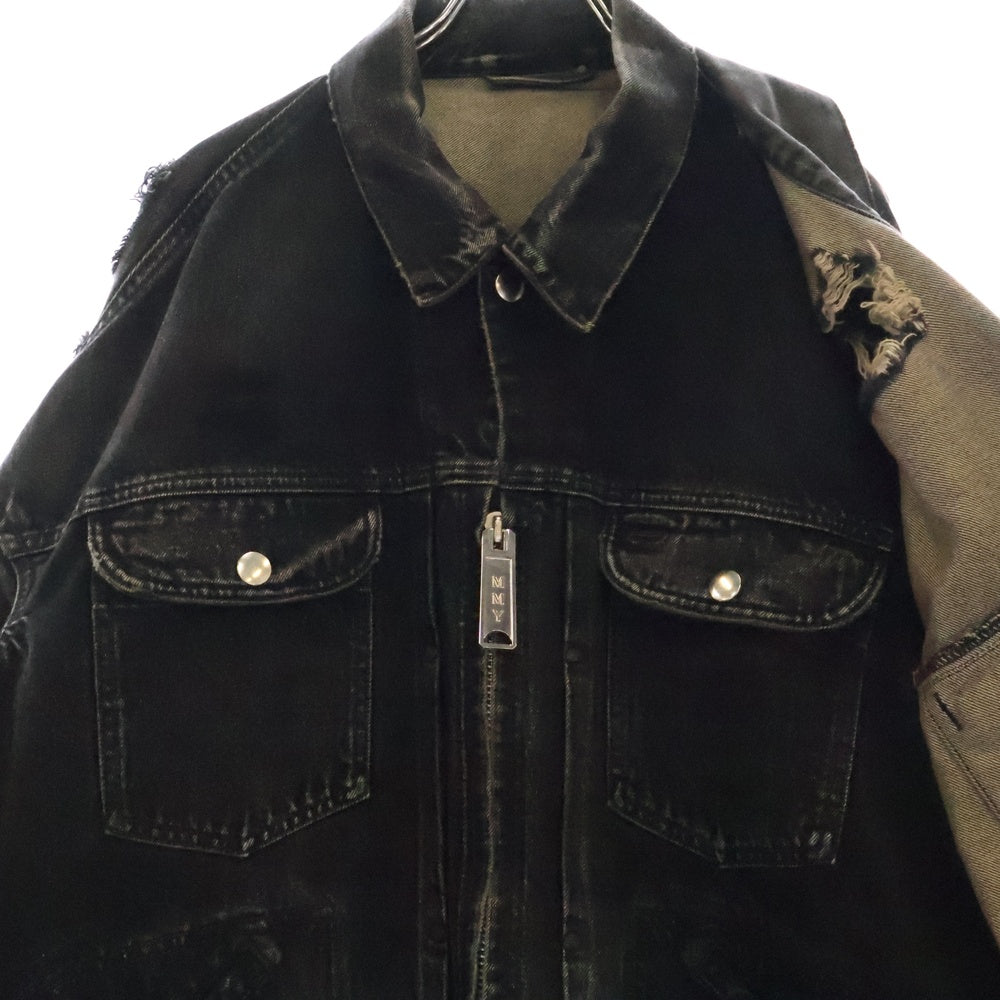 MAISON MIHARAYASUHIRO(メゾンミハラヤスヒロ) 24SS Draped Denim Jacket 再構築 ジップアップ ドッキングデニムジャケット ブラック A08BL022