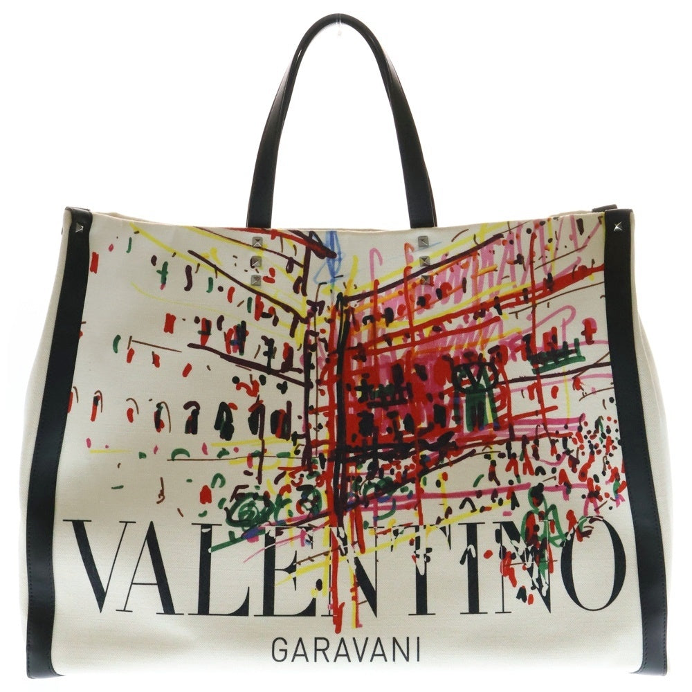 VALENTINO GARAVANI(ヴァレンチノガラヴァーニ) スタッズ付き レザー キャンバス トートバッグ グラフィティ ホワイトVY2B0A34KUB
