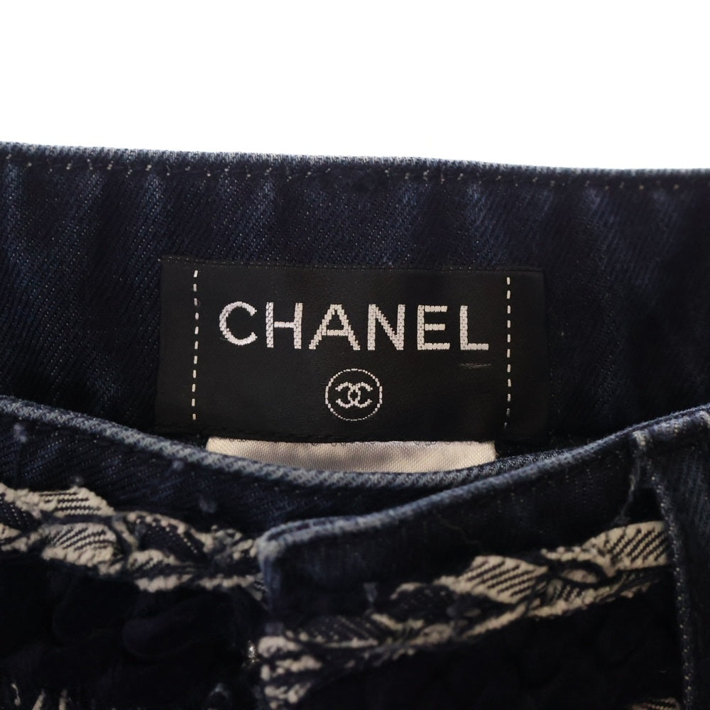 CHANEL(シャネル) ツイードデザインベルト付き ココマーク サイドジップ デニムパンツ ジーンズ インディゴ レディース P52309V39189