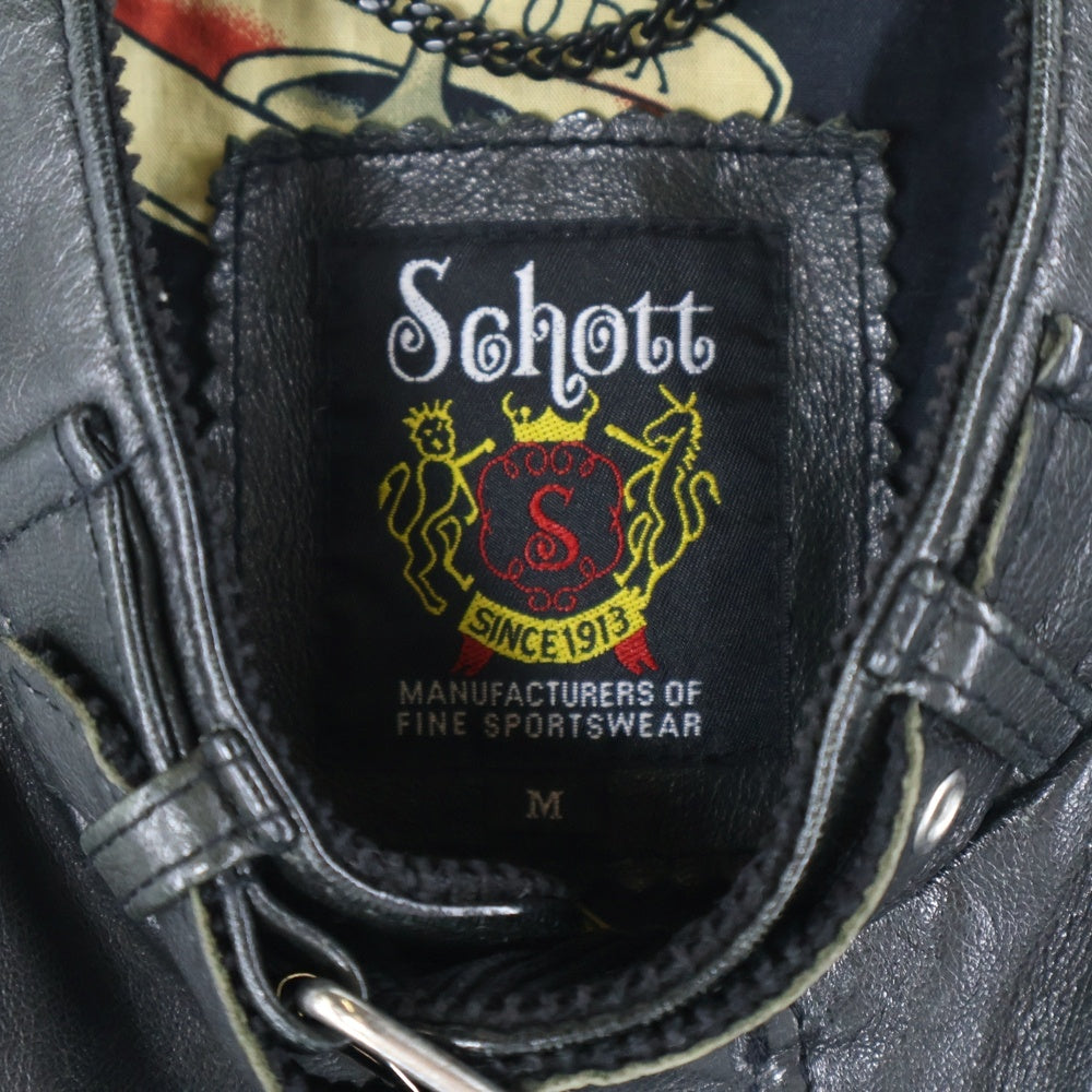 SCHOTT(ショット) ラムレザー ジップアップ 総柄ライナーシングルライダースジャケット ブラック