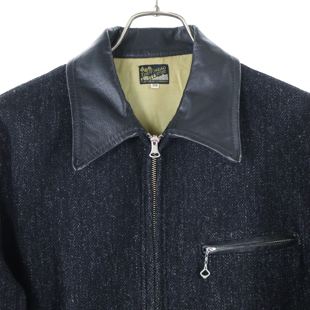 THE FLAT HEAD(フラットヘッド) ウール レザー 切り替え ジップアップライダースジャケット ブルゾン ブラック