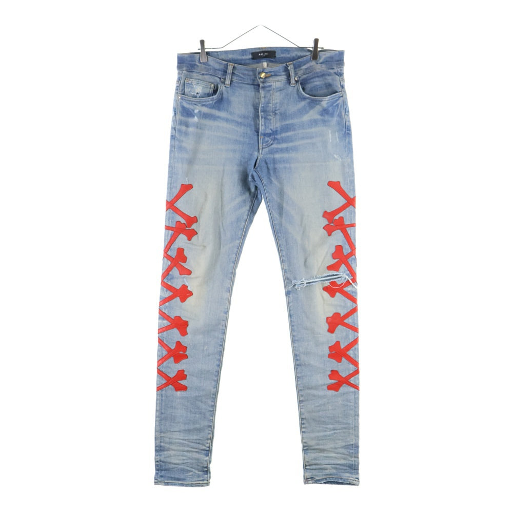 AMIRI(アミリ) MX-1 TOKYO XO BONES JEANS ボーンレザーパッチ スキニーデニムパンツ ジーンズ インディゴ/レッド