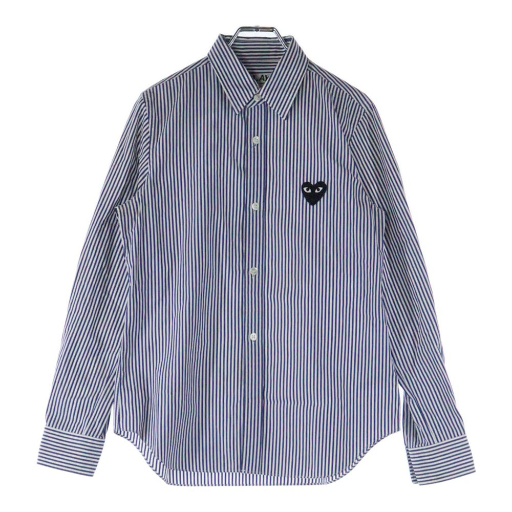 PLAY COMME des GARCONS(プレイコムデギャルソン) ストライプ フロントロゴデザイン 長袖シャツ ホワイト/ブルー