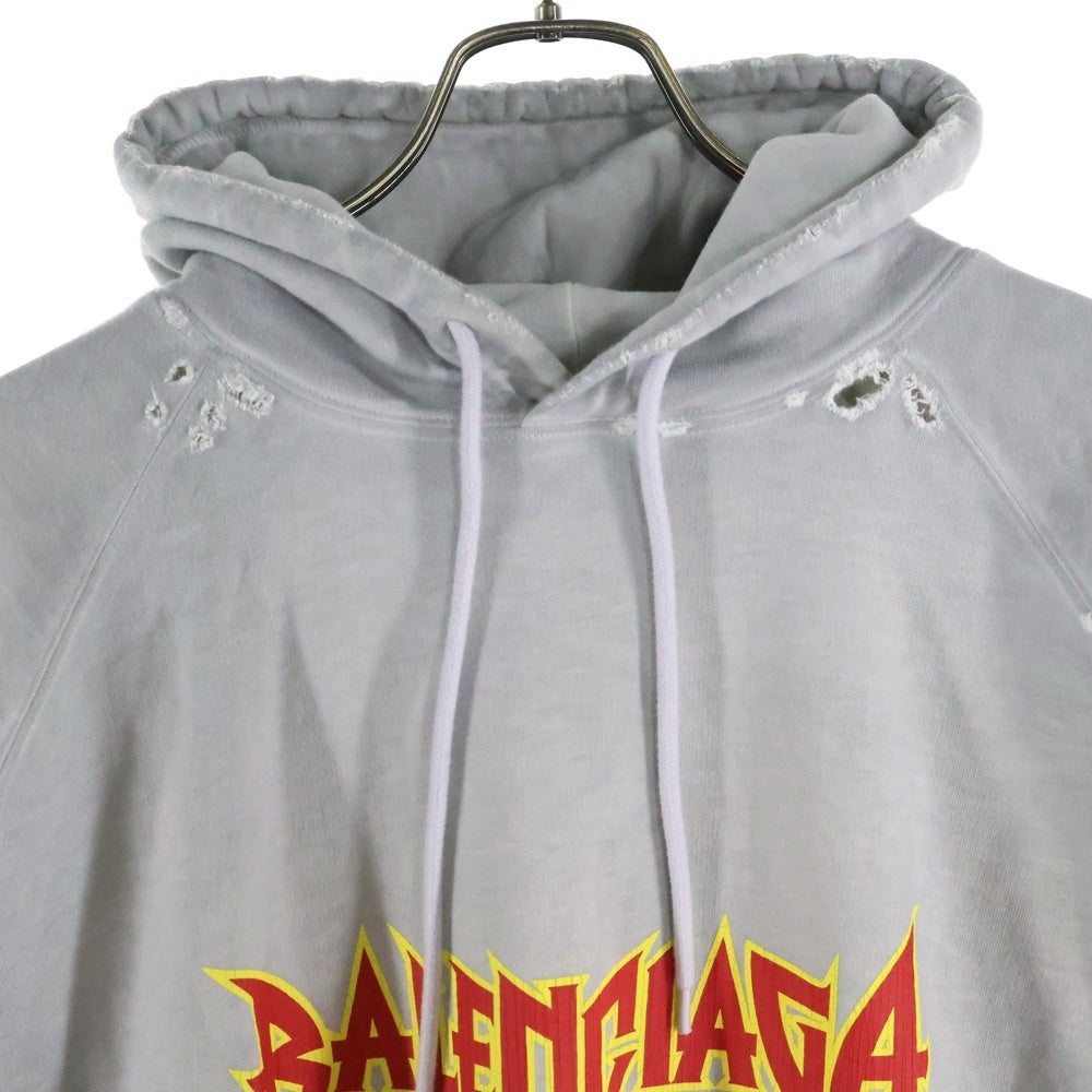 BALENCIAGA(バレンシアガ) 22SS Metal Hoodie Oversized メタルロゴプリントフーディ オーバーサイズプルオーバーパーカー グレー