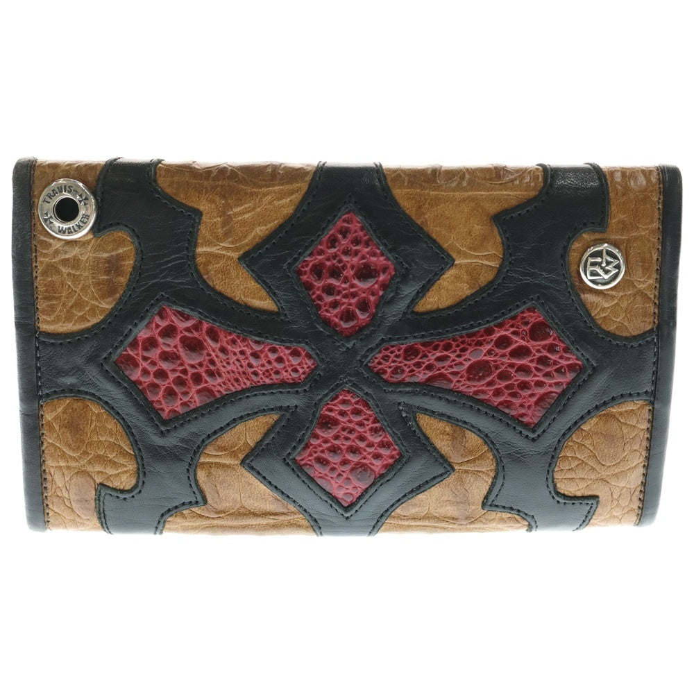 Travis Walker(トラヴィスワーカー) クロスモチーフ アリゲーター クロコダイルレザー シルバーコンチョ付きトラッカーウォレット 財布 ブラウン
