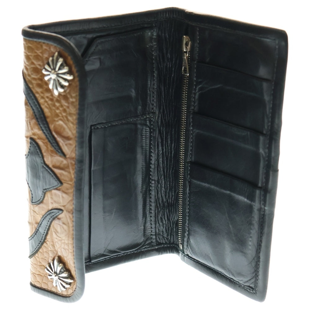 Travis Walker(トラヴィスワーカー) クロスモチーフ アリゲーター クロコダイルレザー シルバーコンチョ付きトラッカーウォレット 財布 ブラウン