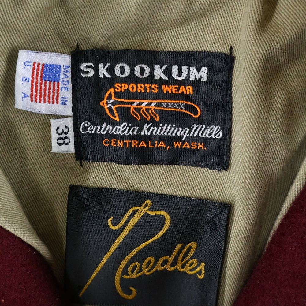 SKOOKUM(スクーカム) ×NEEDLES×ORTEGA'S ニードルス オルテガ トリプルネーム ブランケット レザー切替ジャケット スタジャン ブルゾン レッド/ブラック