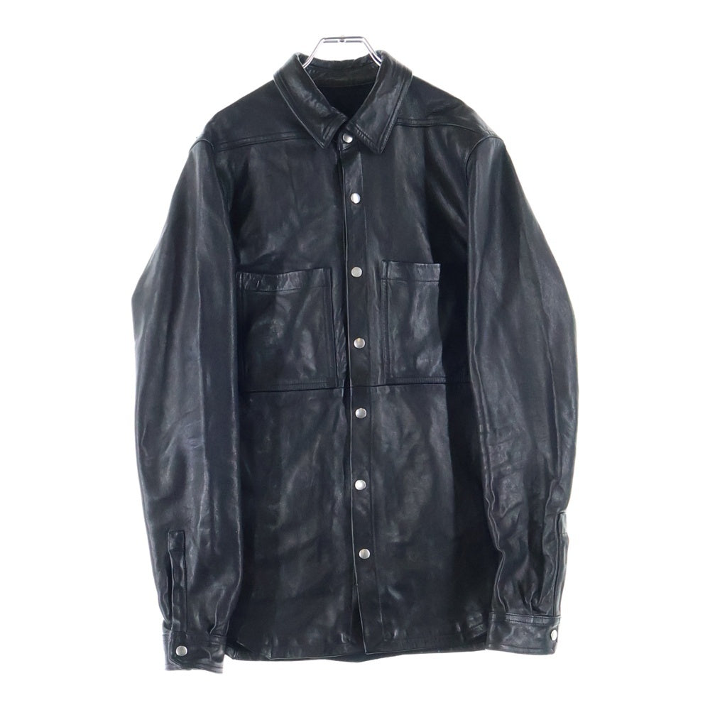 Rick Owens(リックオウエンス) Button-fastening flap-pocket shirt ラムレザー フロントポケット スナップボタン シャツ ジャケット ブラック RU02E1744LNV
