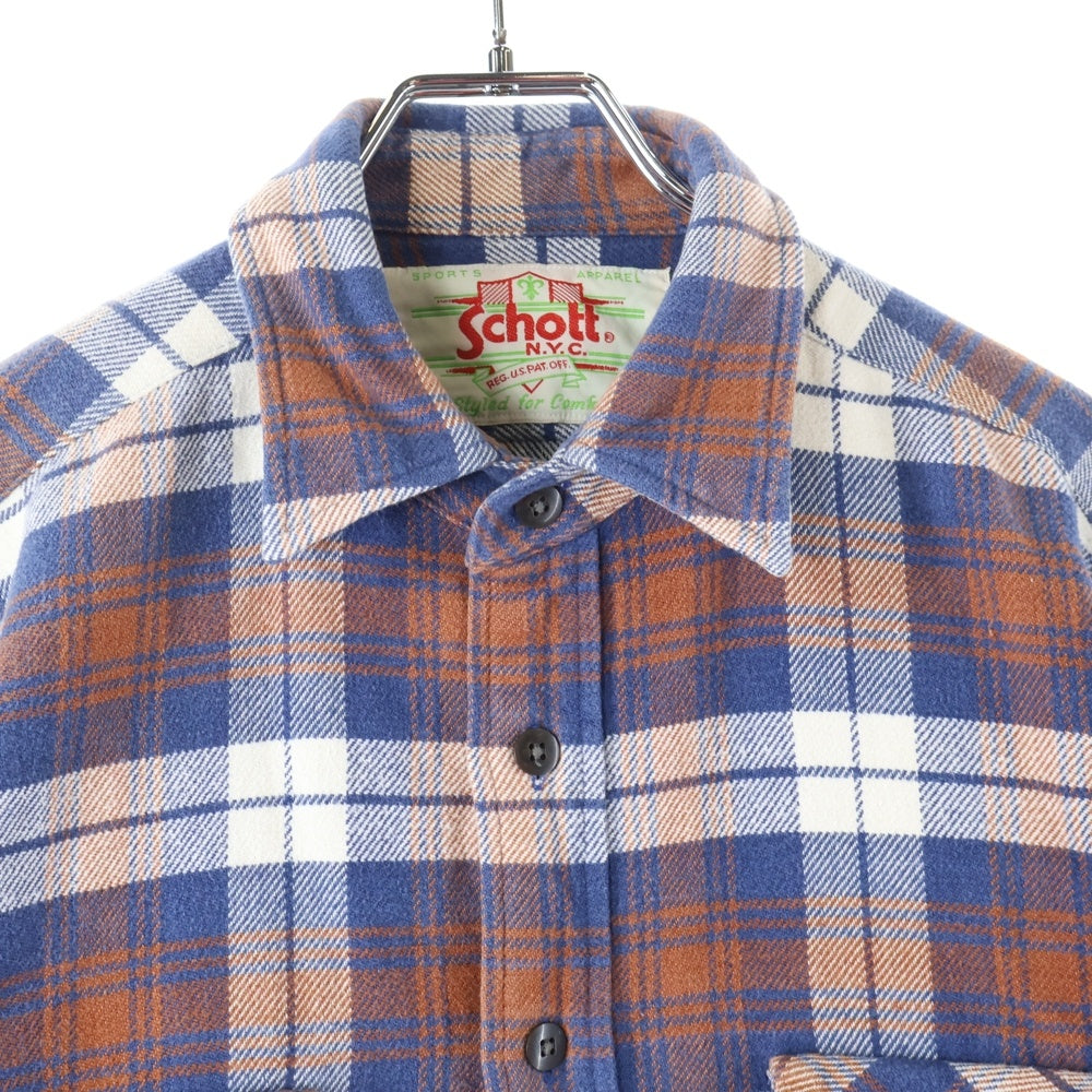 SCHOTT(ショット) Flannel Shirts フランネルシャツ ボタンダウンチェック長袖シャツ ブルー/オレンジ