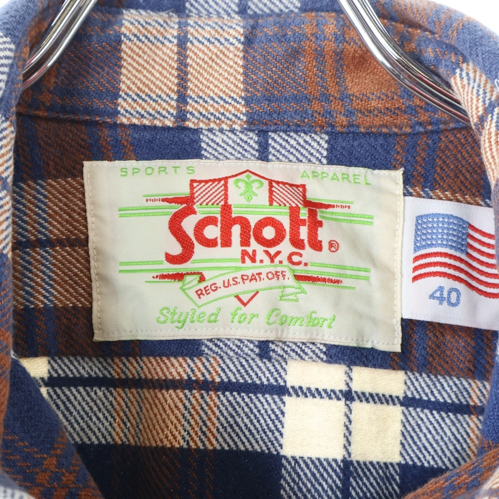 SCHOTT(ショット) Flannel Shirts フランネルシャツ ボタンダウンチェック長袖シャツ ブルー/オレンジ