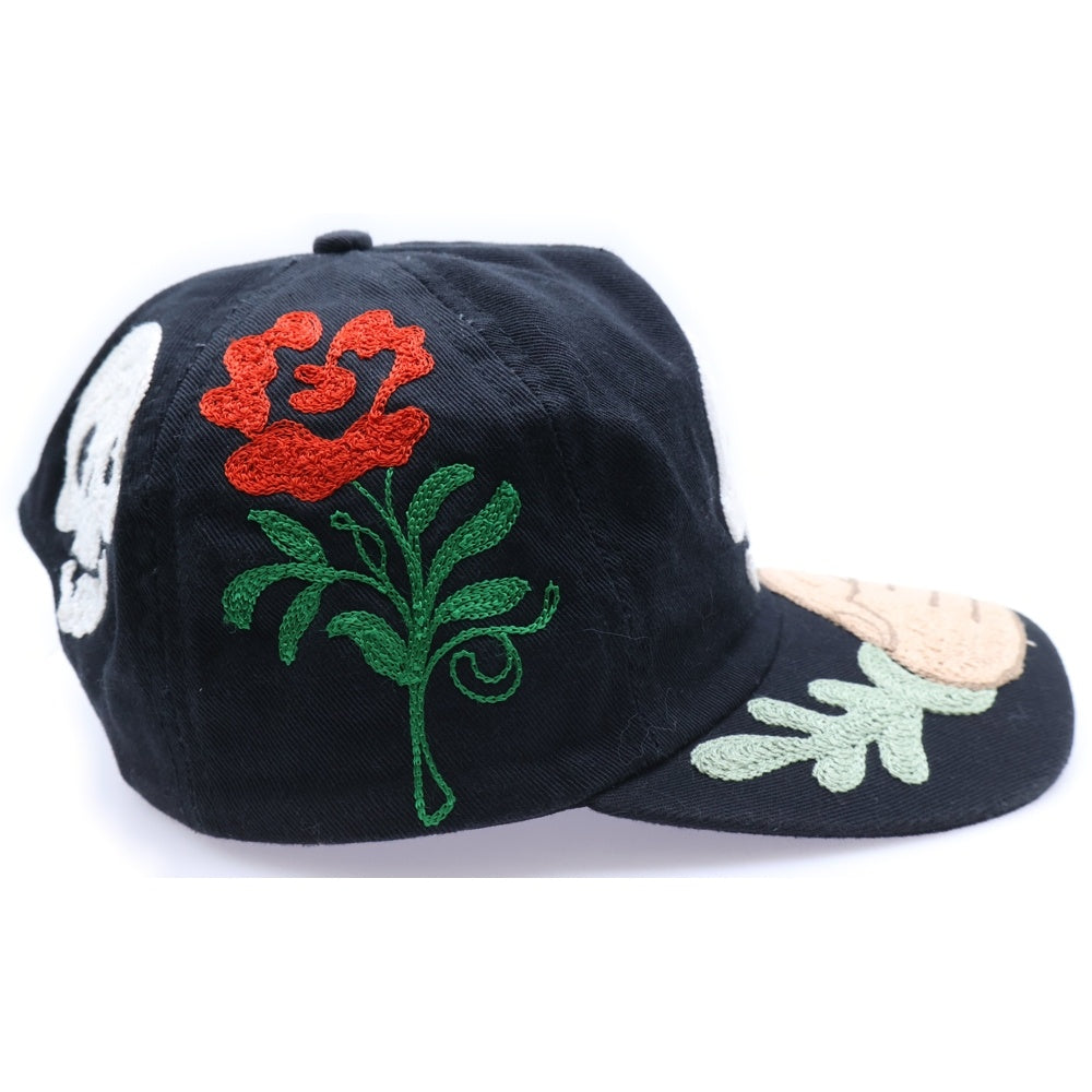 Clayton Patterson(クレイトン パターソン) SOLID SKULL chain stitch embroidery CAP ソリッドスカル フラワー刺繍 5パネルキャップ 帽子 ブラック